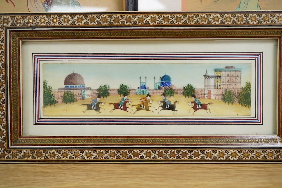 Contemporary, Chinese School, Figural studies, each signed with character marks and red seal marks, pair of watercolours, together with an Indian School watercolour, Figures on horseback in a courtyard, housed in a vizag